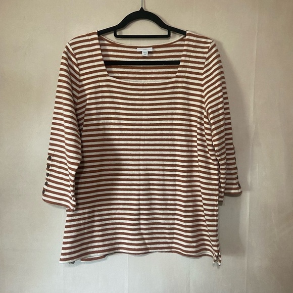 J Jill women's L P henna and cream stripe square neck 3/4 sleeve w/ buttons EUC - Picture 2 of 8